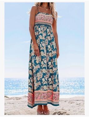 Cupshe Teal Floral Maxi Dress with Pink Border